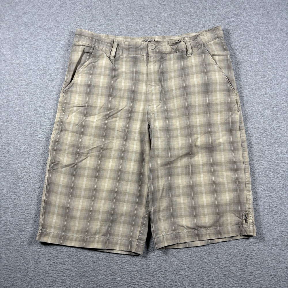 Vintage Kirra Plaid Shorts Mens 32 Tan Gray Skater Y2K Flat Front Baggy Grunge